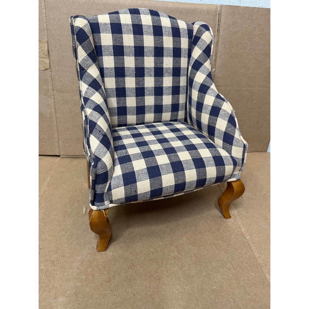 Tender Art Collection Miniature Wingback‎ Chair Blue Gingham Check Doll Decor